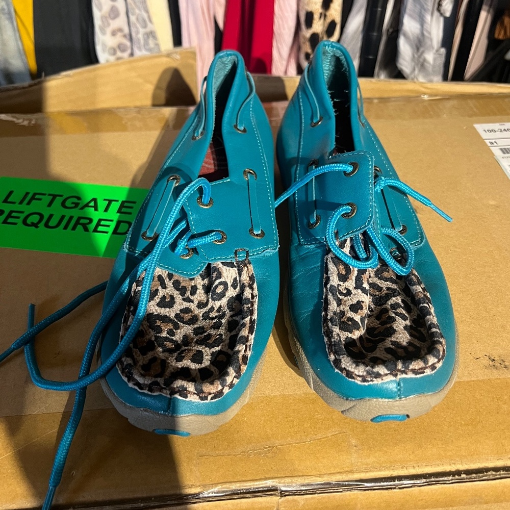TWISTED X Women's Size 9 M Driving Moccasin Shoes Turquoise Leopard